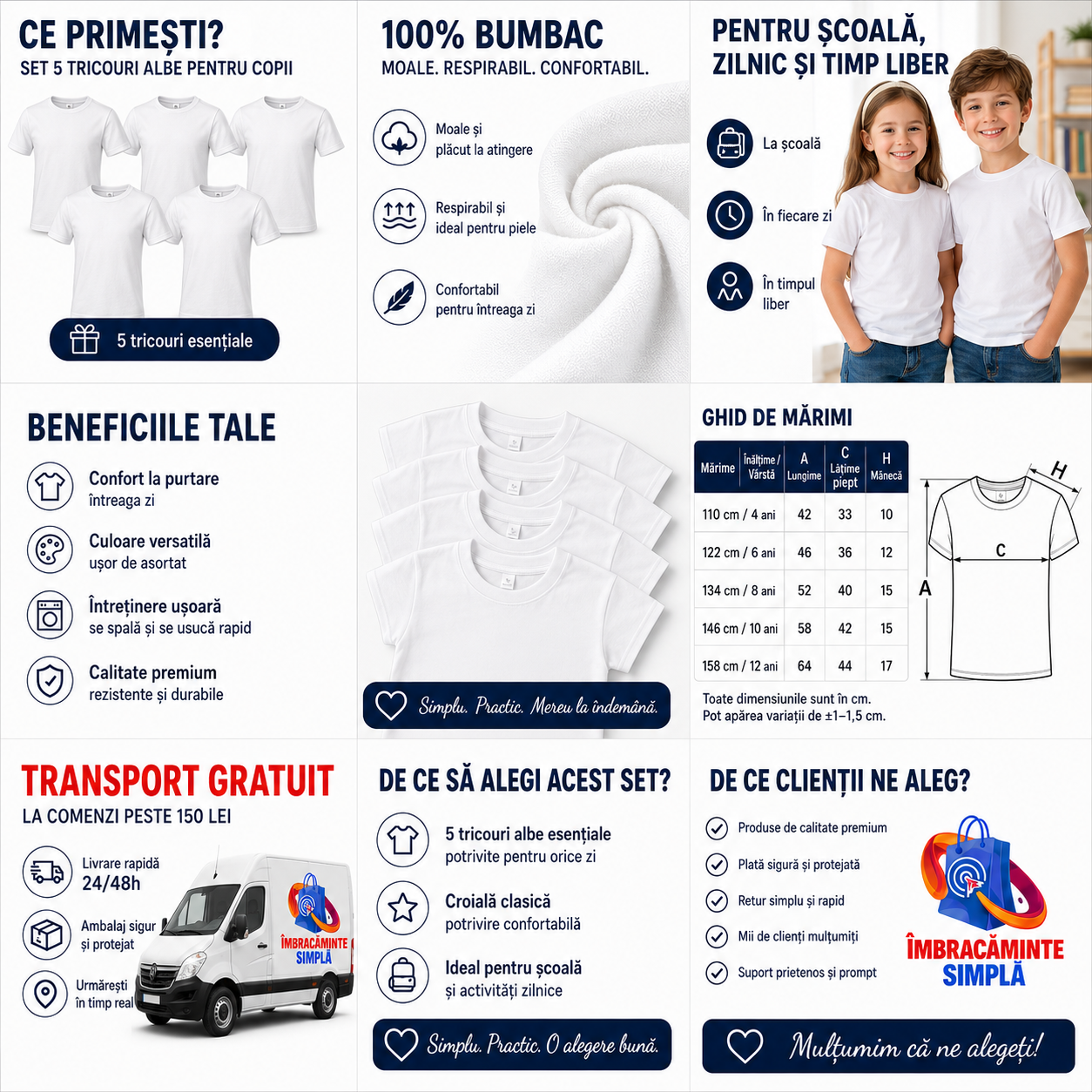 Set 5 tricouri albe pentru copii din bumbac 100%, ideale pentru școală, sport, parc și activități zilnice